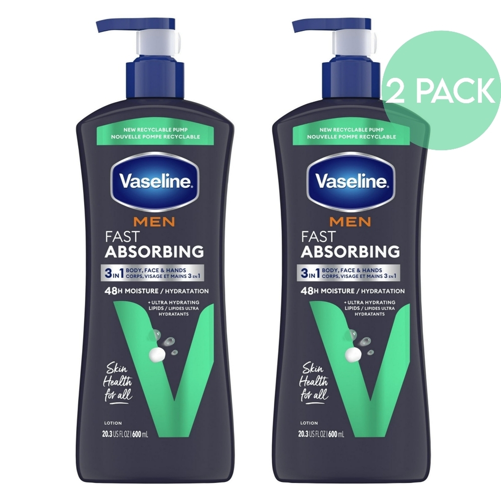 NEW Vaseline Men Fast Absorbing Moisture 3-in-1 Body Face Hands Pump Lotion 2 Pk